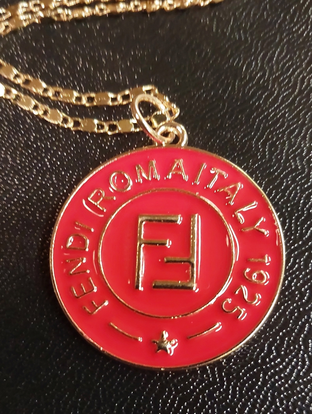 Fendi Red and Gold Enamel Logo Charm Pendant Necklace 18KT GP